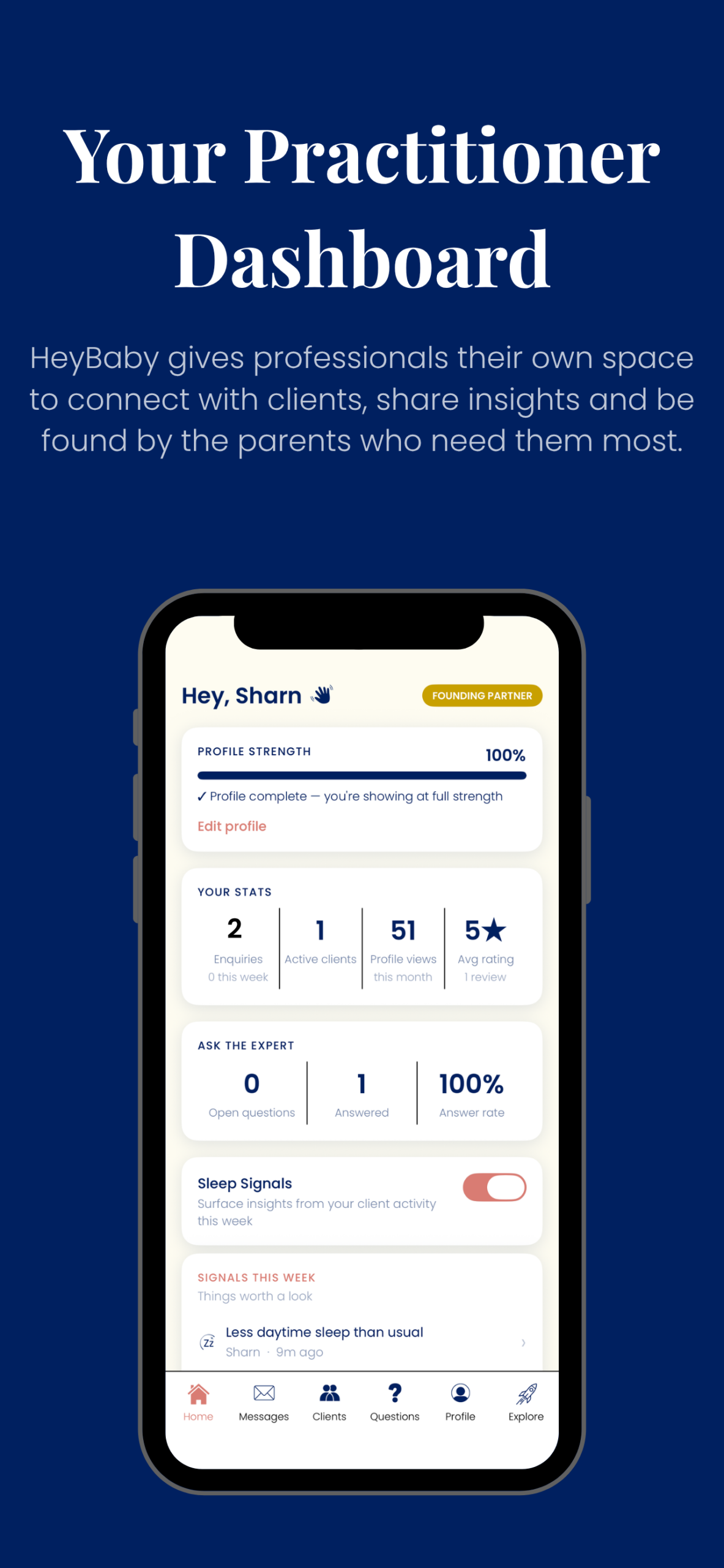 HeyBaby practitioner dashboard showing Sleep Signals, client list and onboarding tools