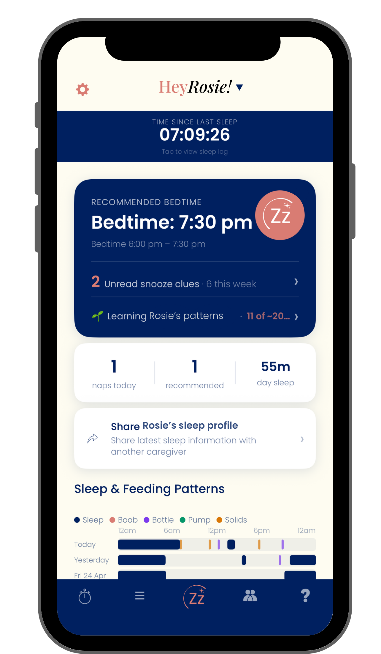 HeyBaby Compass main screen showing predicted naps and the day's rhythm of sleep and feeds